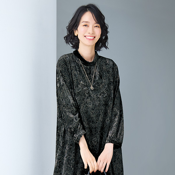 ストレッチベロア ハンドルプリントワンピース 大きいサイズ M LL 4L