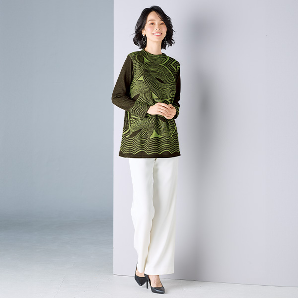 五泉ニットリーフ柄ジャカードセーター 大きいサイズ LL 4L