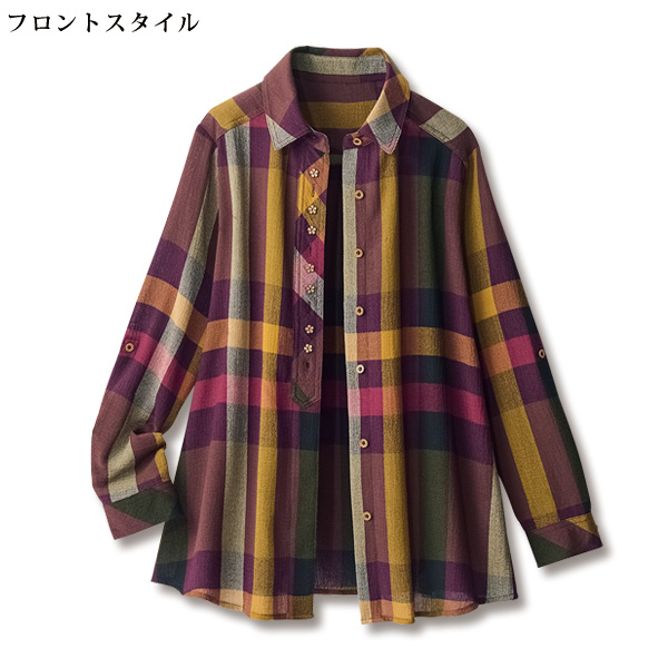花ボタン使い先染めチェックブラウスジャケット
