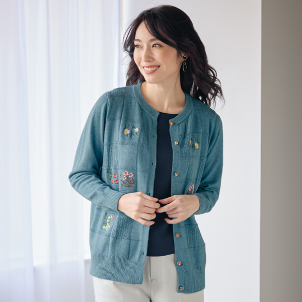 花柄刺しゅうカーディガン