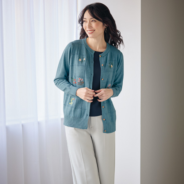 花柄刺しゅうカーディガン
