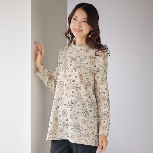 花プリント起毛チュニックプルオーバー