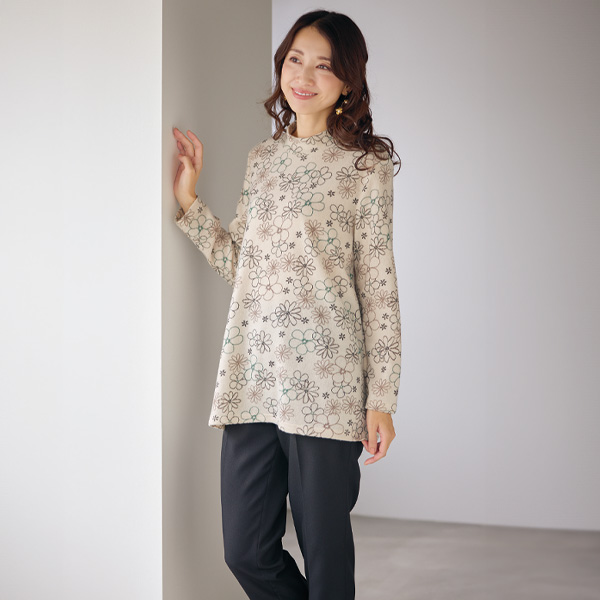 花プリント起毛チュニックプルオーバー