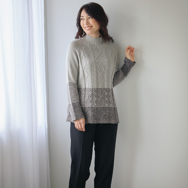 アンゴラ混ホールガーメント配色セーター