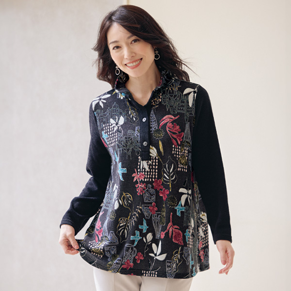 襟付きプリント切替えチュニック