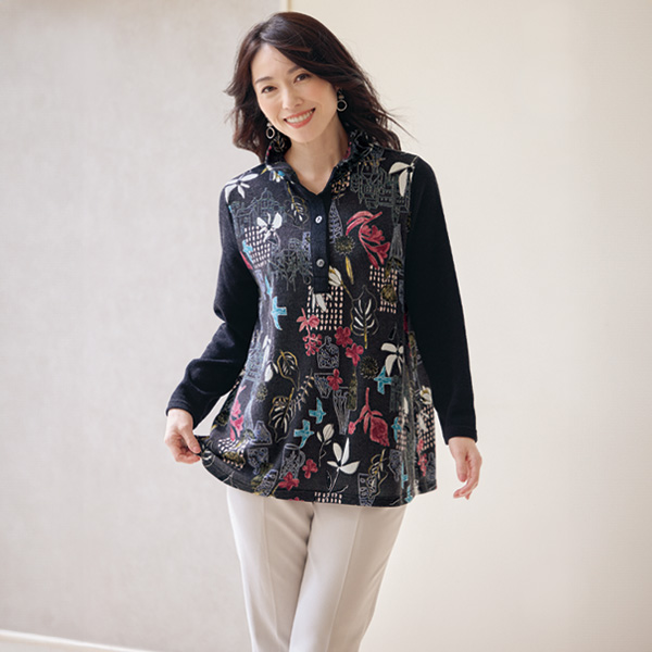 襟付きプリント切替えチュニック