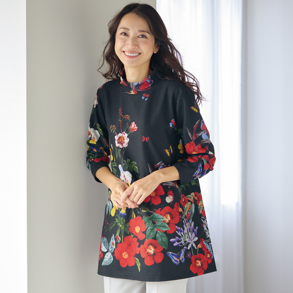 起毛花柄パネルプリントチュニック