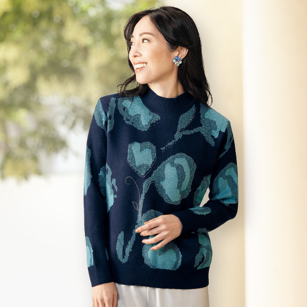 ラインストーン付花柄ジャカードニットプルオーバー