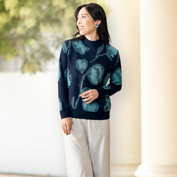 ラインストーン付花柄ジャカードニットプルオーバー