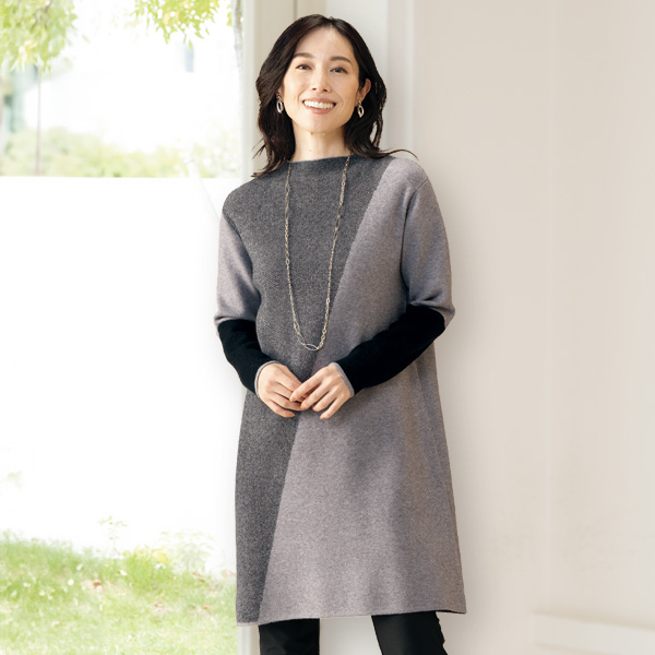 杢調バイヤスジャカード ニットチュニックワンピース