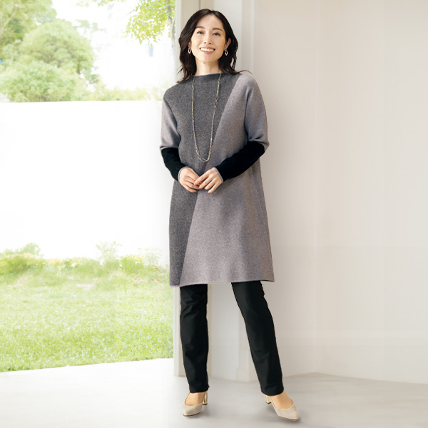 杢調バイヤスジャカード ニットチュニックワンピース