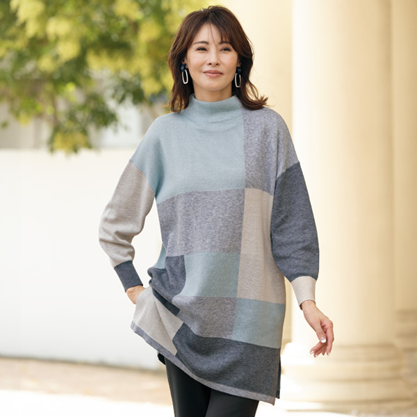 配色ブロックジャカードチュニックニット