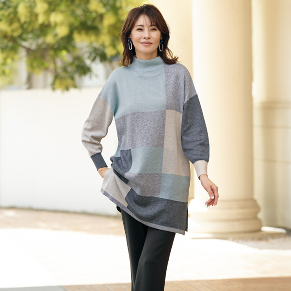 配色ブロックジャカードチュニックニット