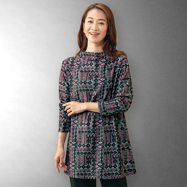 微起毛プリントチュニックプルオーバー
