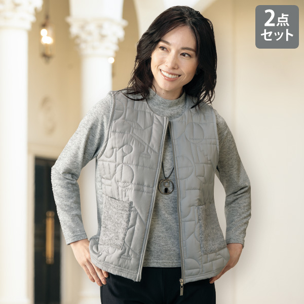 前身頃キルト使いベスト カットソーアンサンブル