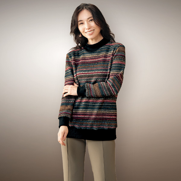 多色ボーダーハイネックプルオーバー