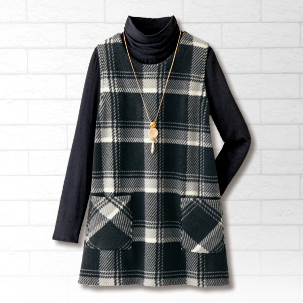 チェック柄フリースロングベスト