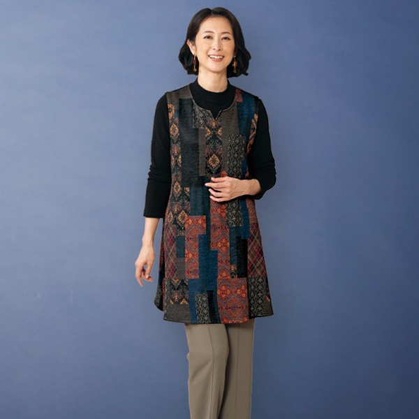 裏起毛プリントロングベスト