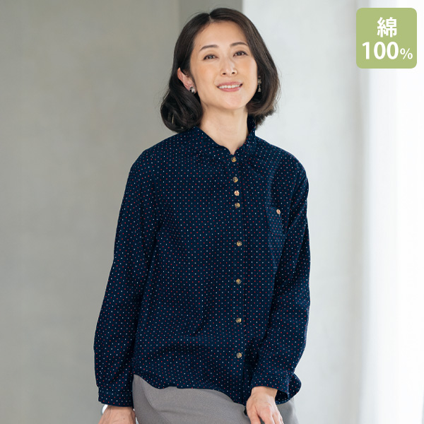 フリル襟水玉プリントブラウス