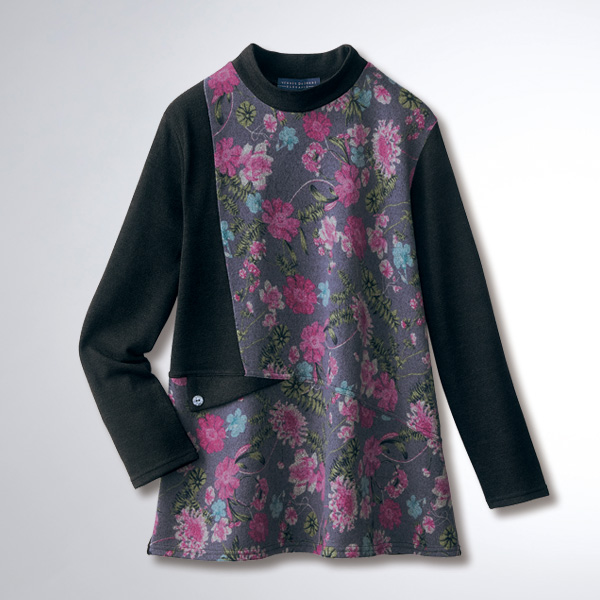 花柄切替えチュニックプルオーバー