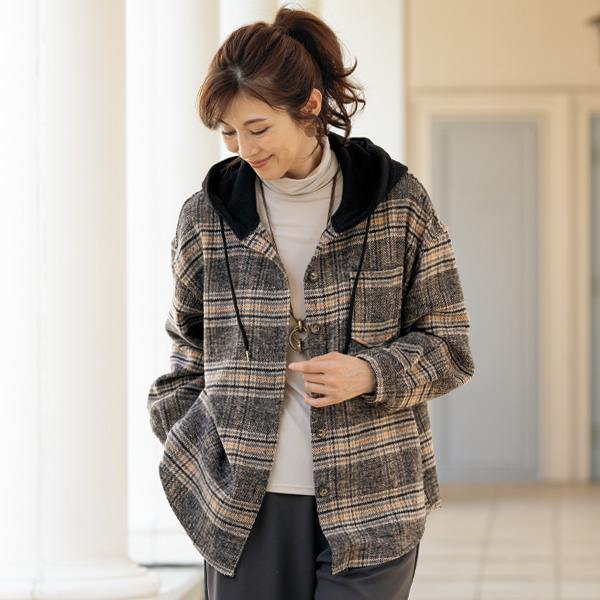 フード付チェック柄シャツジャケット