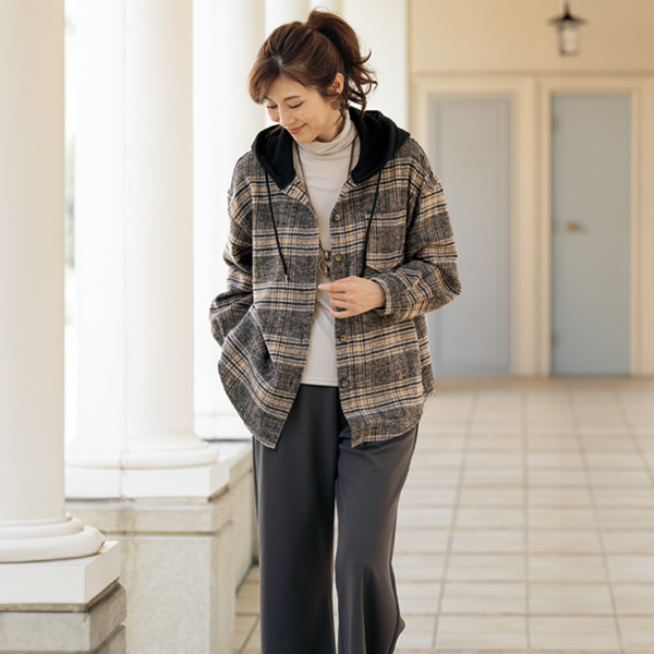 フード付チェック柄シャツジャケット