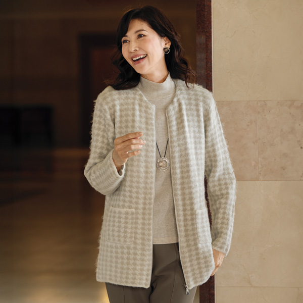 ZIP使い千鳥格子柄シャギーニットジャケット