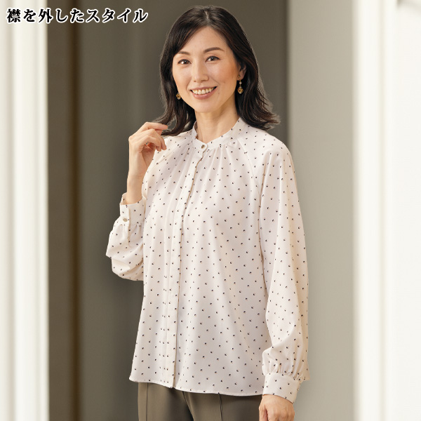 ボウタイ付き小紋柄風プリントブラウス