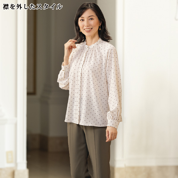 ボウタイ付き小紋柄風プリントブラウス