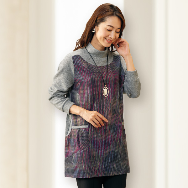 プリント切替えカットソーチュニック