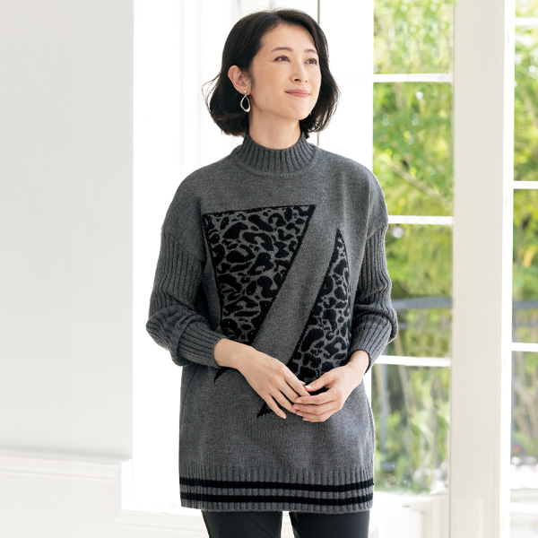 ビジュー付アニマル柄ジャカードニットチュニック