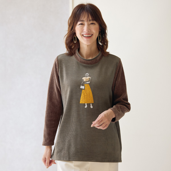 女の子柄モチーフ切替えプルオーバー