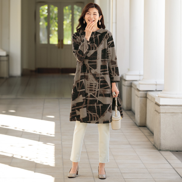 幾何学柄起毛フレアワンピース