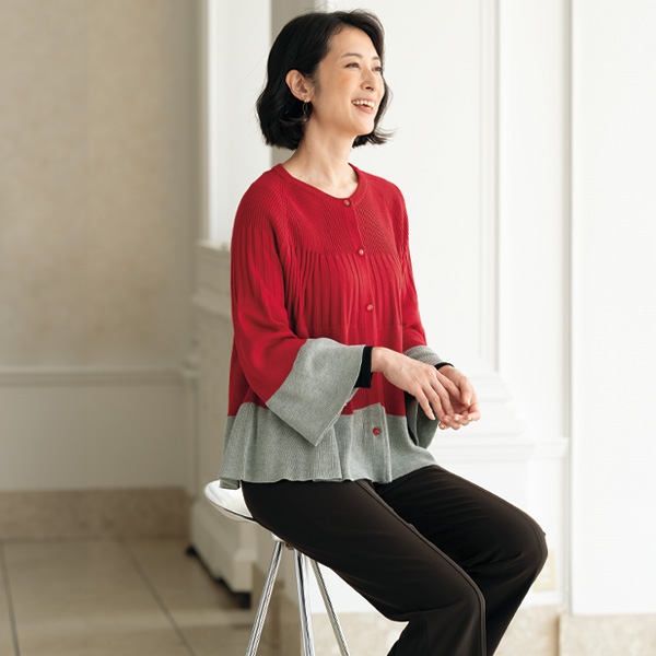 配色使いフレアニットカーディガン