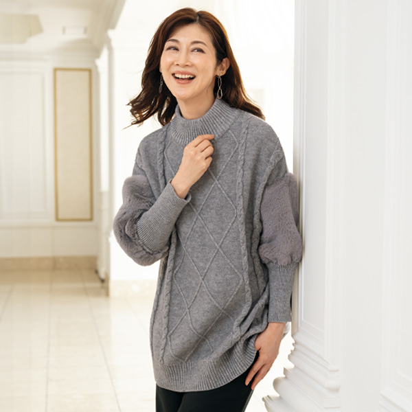 袖ファー切替えニットチュニック