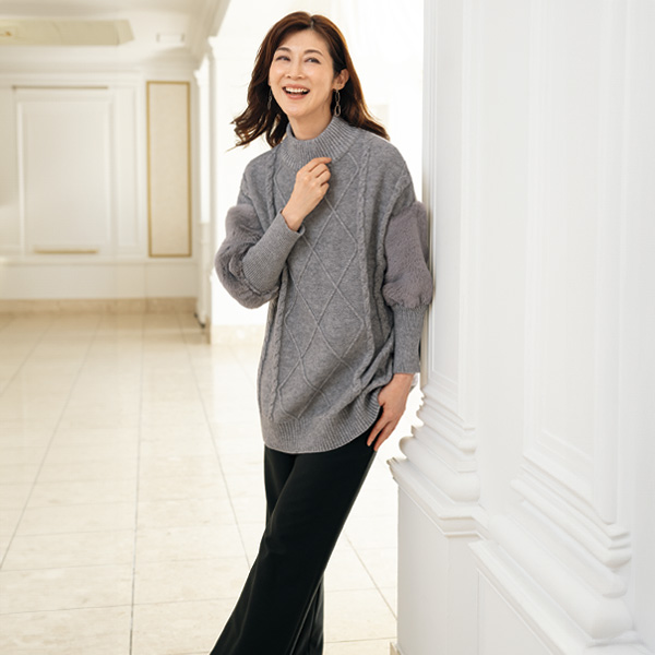 袖ファー切替えニットチュニック