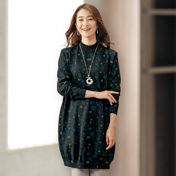 小花柄プリントニットロングチュニック