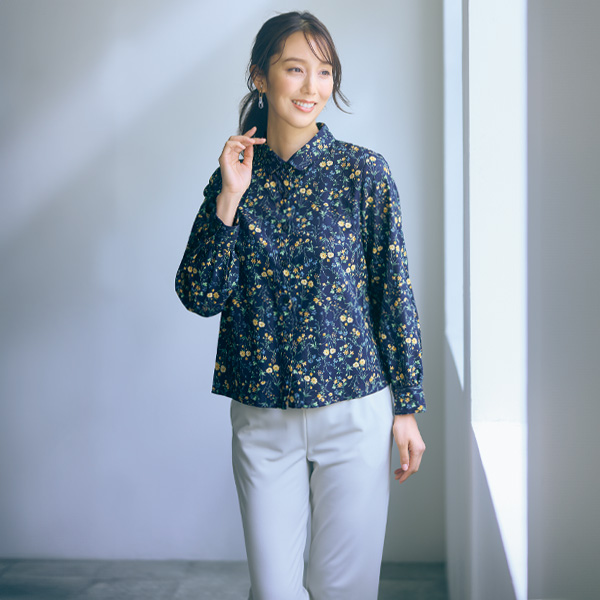 綿100％ビエラ起毛花柄ブラウス