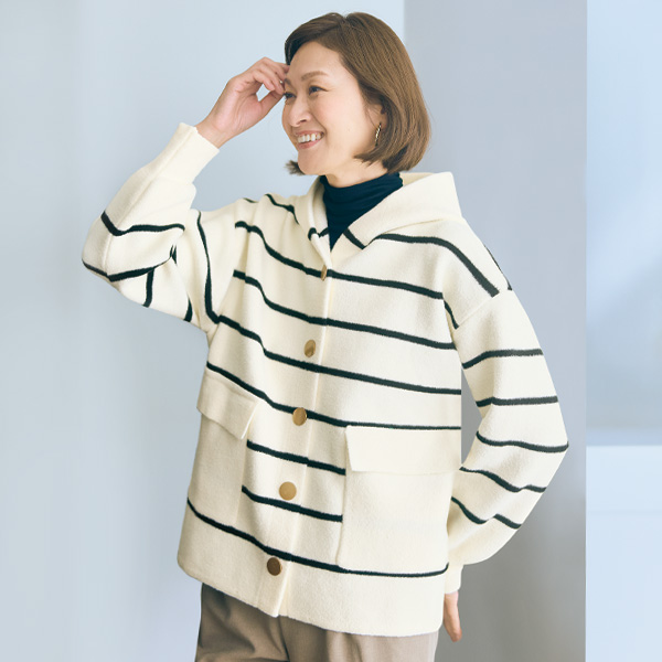 フード付ボーダーニットジャケット