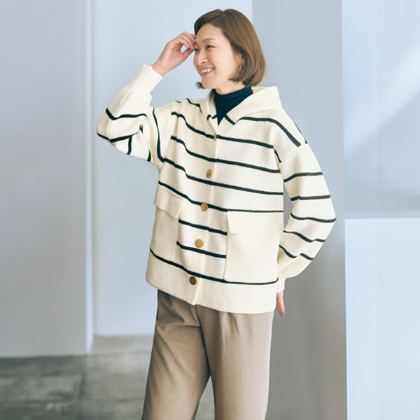 フード付ボーダーニットジャケット