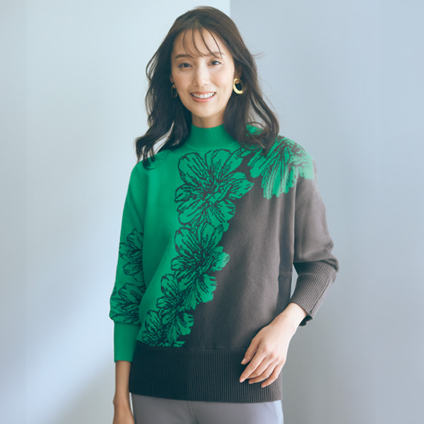 花柄ジャカードニットドルマンプルオーバー