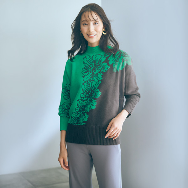 花柄ジャカードニットドルマンプルオーバー