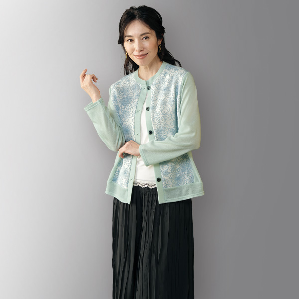 花柄切替えカットソーカーディガン