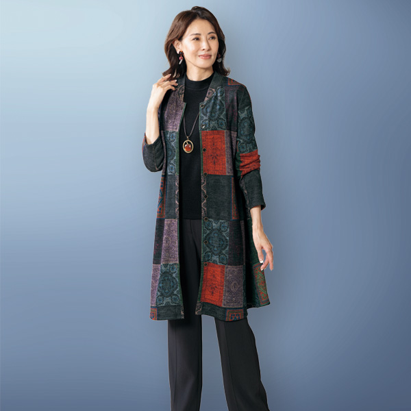 裏起毛カットソーブロック柄ジャケットワンピース