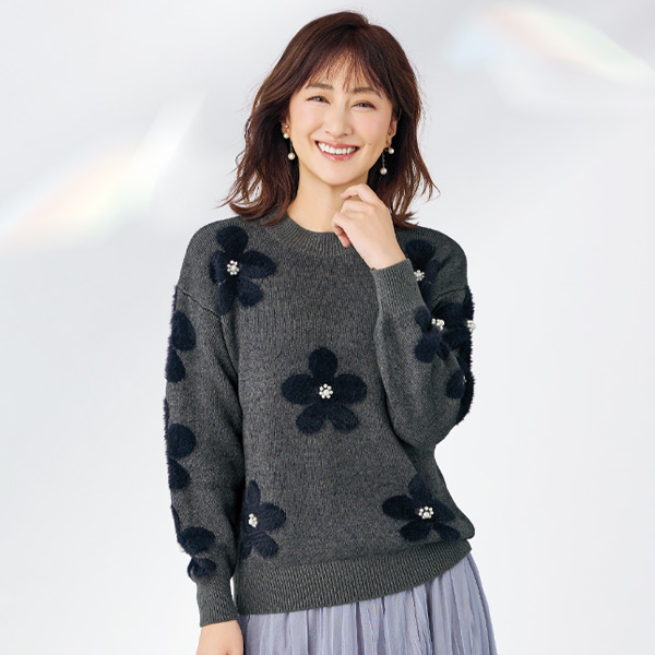 花シャギー＋パール調使いニットプルオーバー