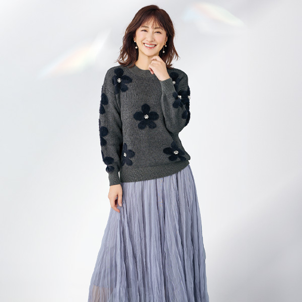 花シャギー＋パール調使いニットプルオーバー