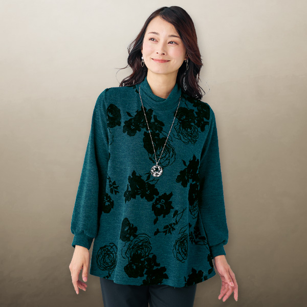 杢調デザイン襟フロッキープリントプルオーバー