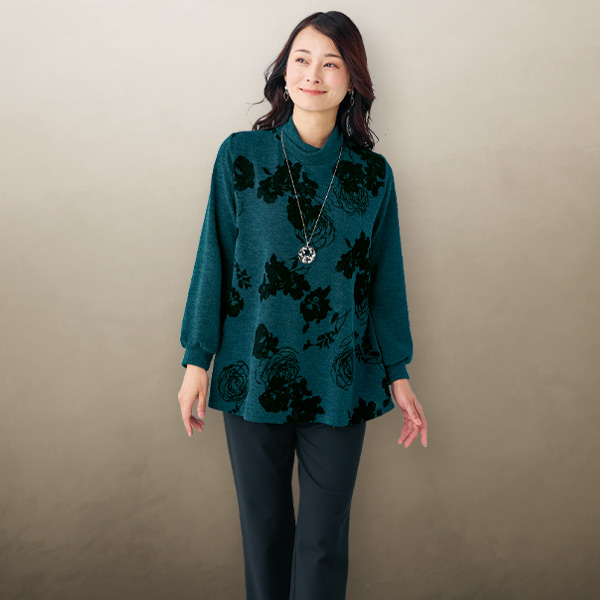 杢調デザイン襟フロッキープリントプルオーバー