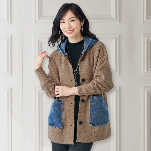 デニム使いフード付ニットジャケット