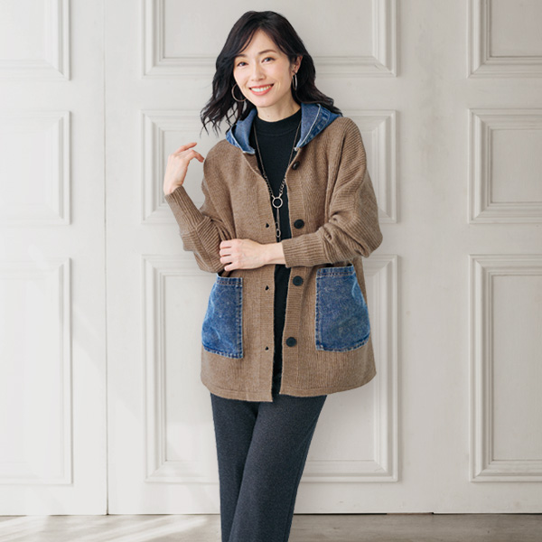 デニム使いフード付ニットジャケット